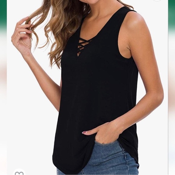 For Kitty Rescue! Feiersi Black Tank Top, Cross Cross Neckline - Picture 2 of 12